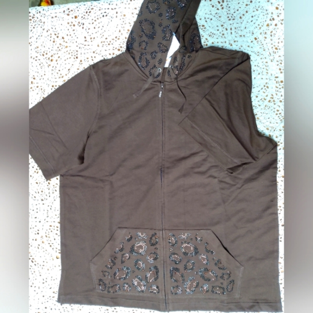 Quacker Factory Zippered Hoodie w/Rhinestone Animal Pattern Detail